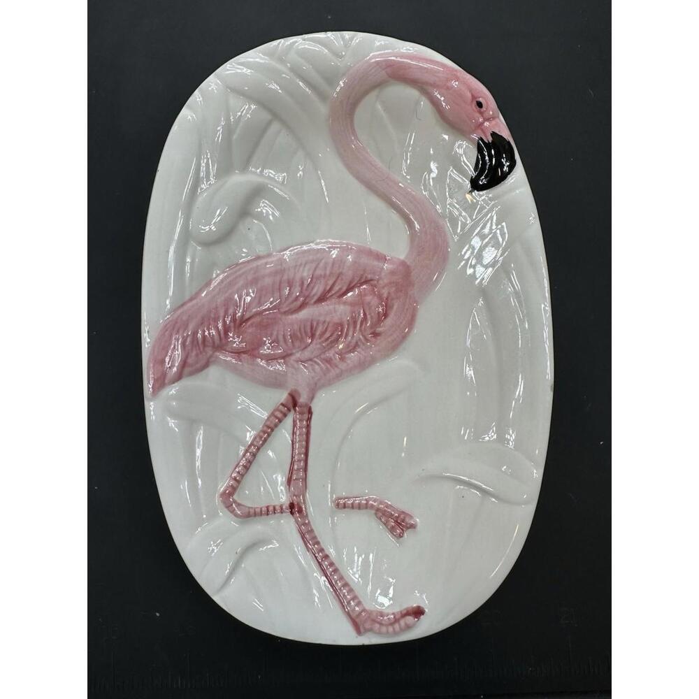Vintage Takahashi Pink Flamingo White Rectangular Trinketβ Dish Grass Scene